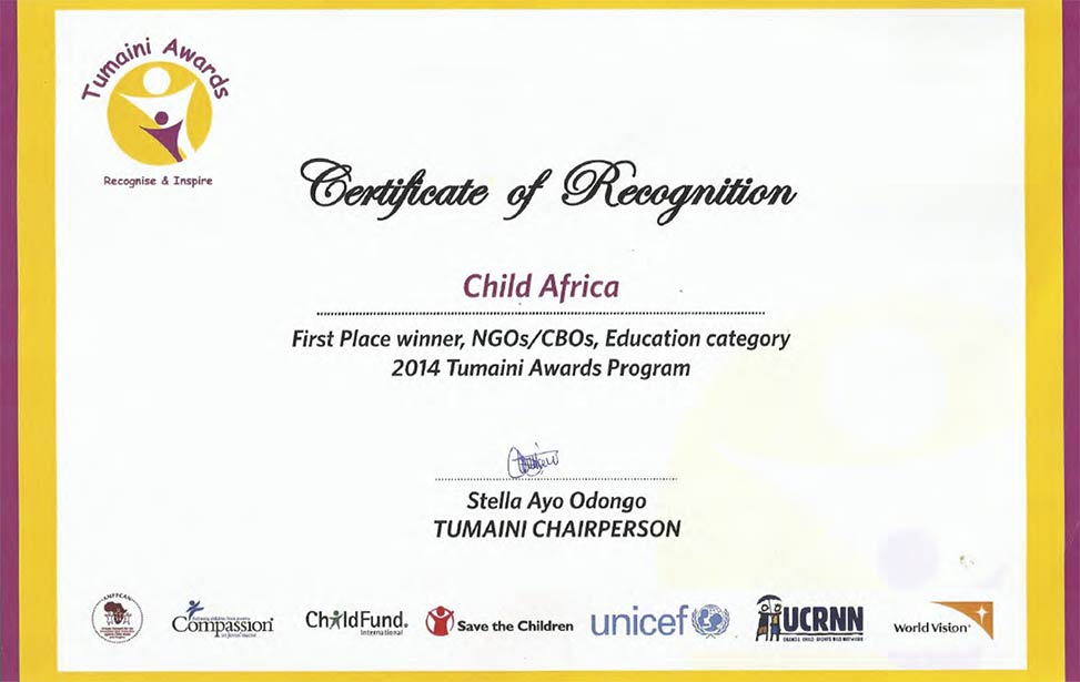 Child Africa won the prestigious Tumaini Award in the category Education
